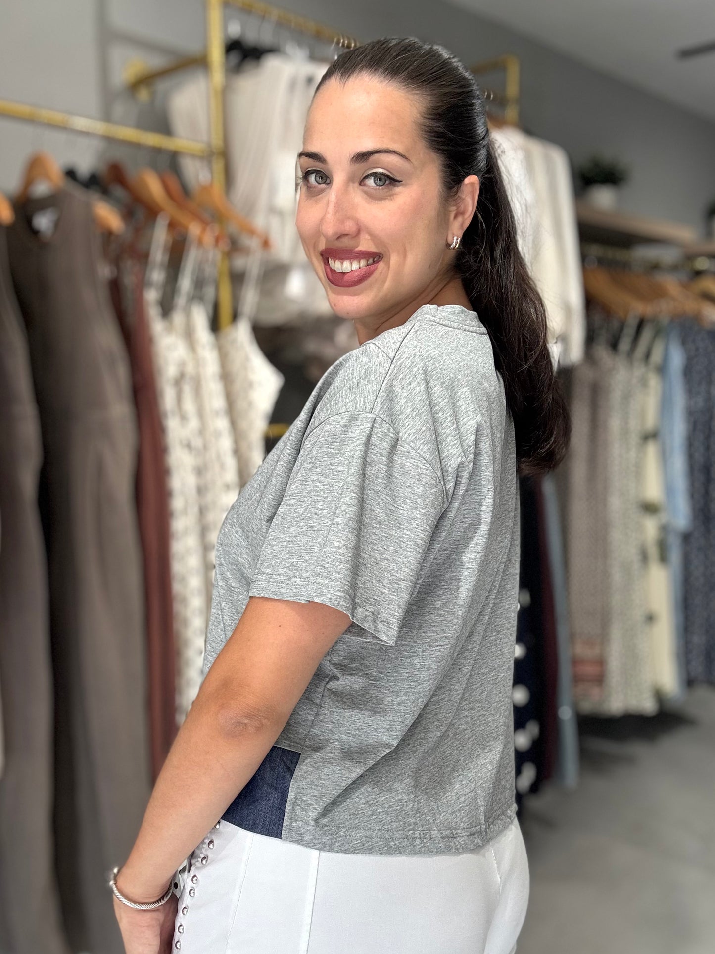 Denim Accent Tee Blouse | GREY