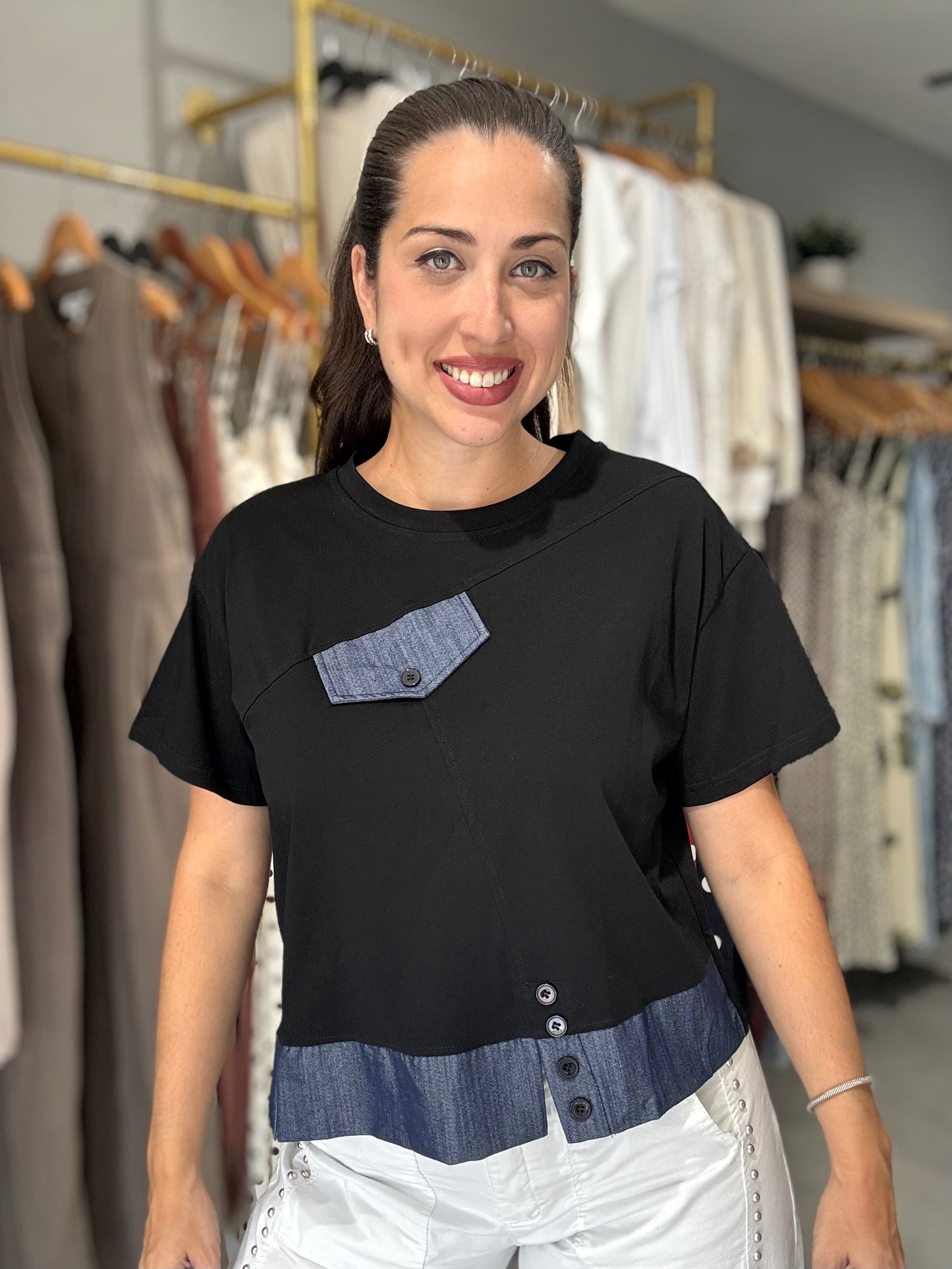 Denim Accent Tee Blouse | BLACK