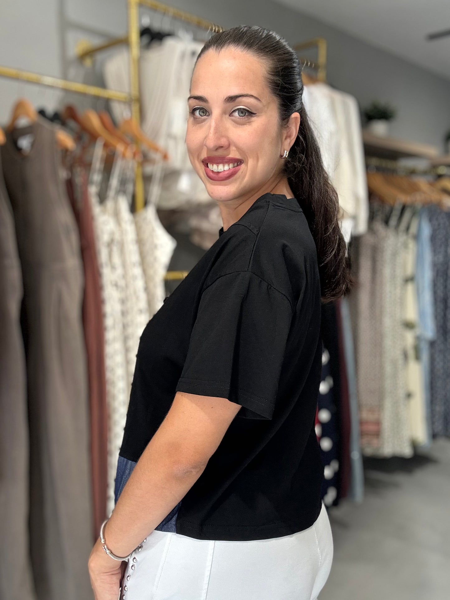 Denim Accent Tee Blouse | BLACK