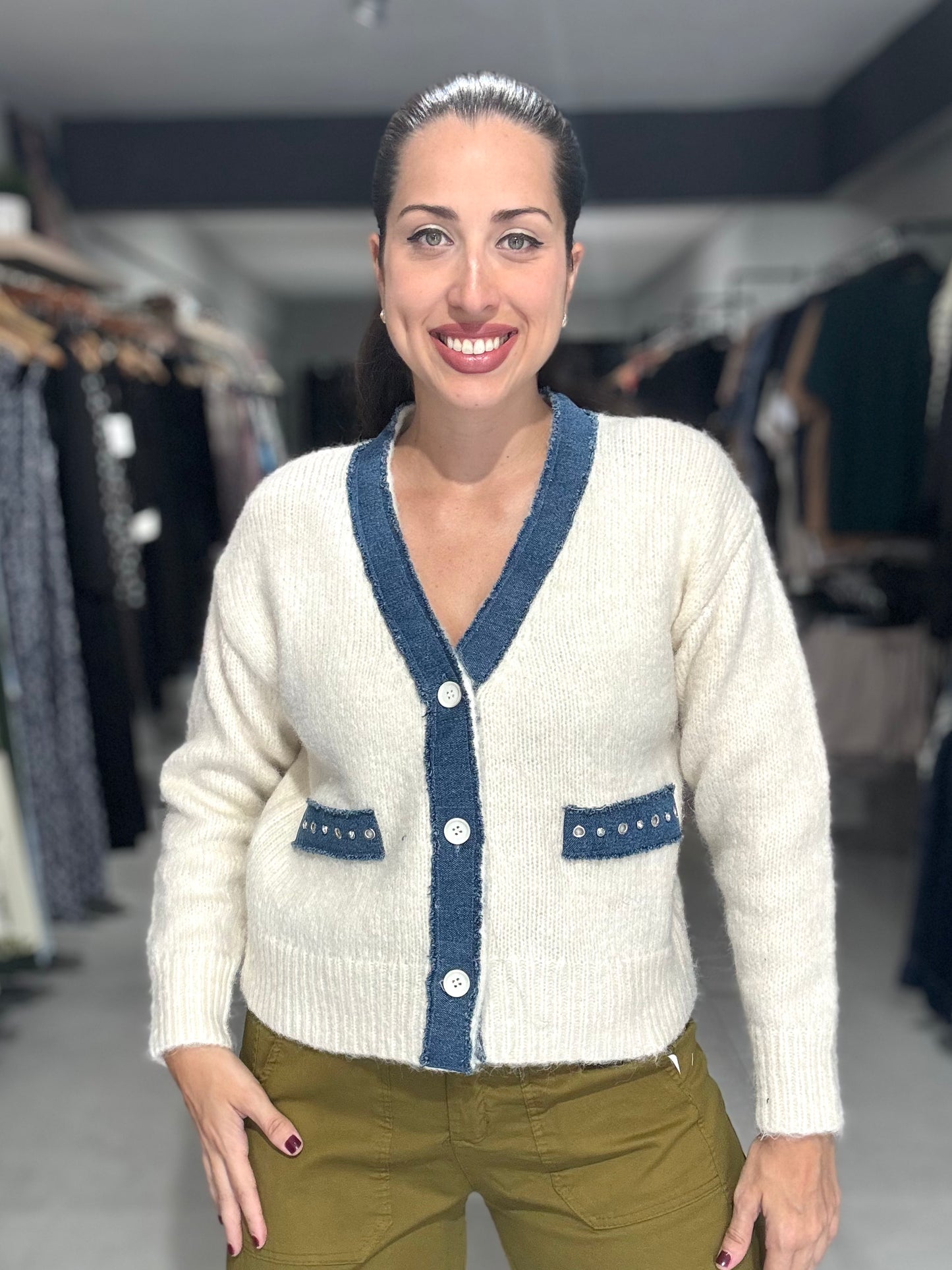 White Denim Trim Cardigan Jacket