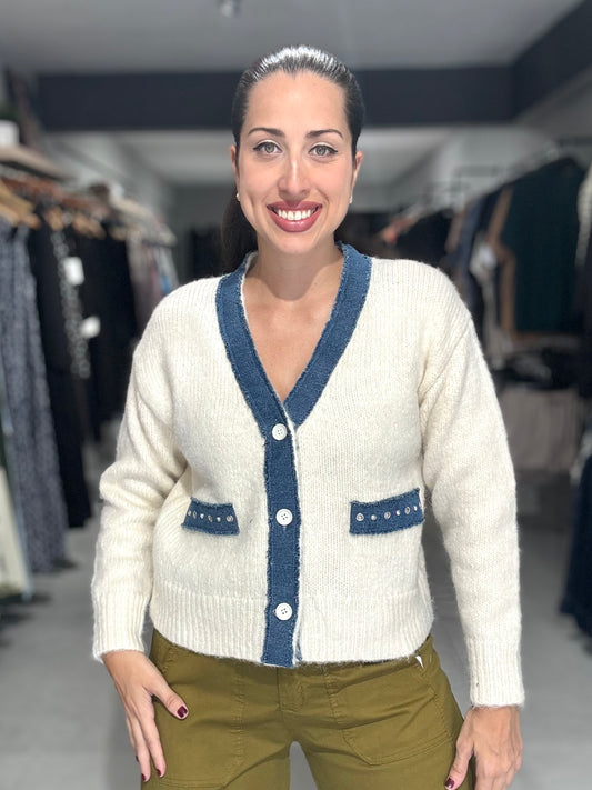 White Denim Trim Cardigan Jacket