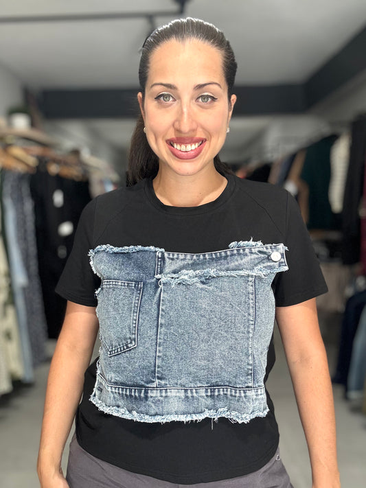 Denim Accent Tee Blouse | BLACK