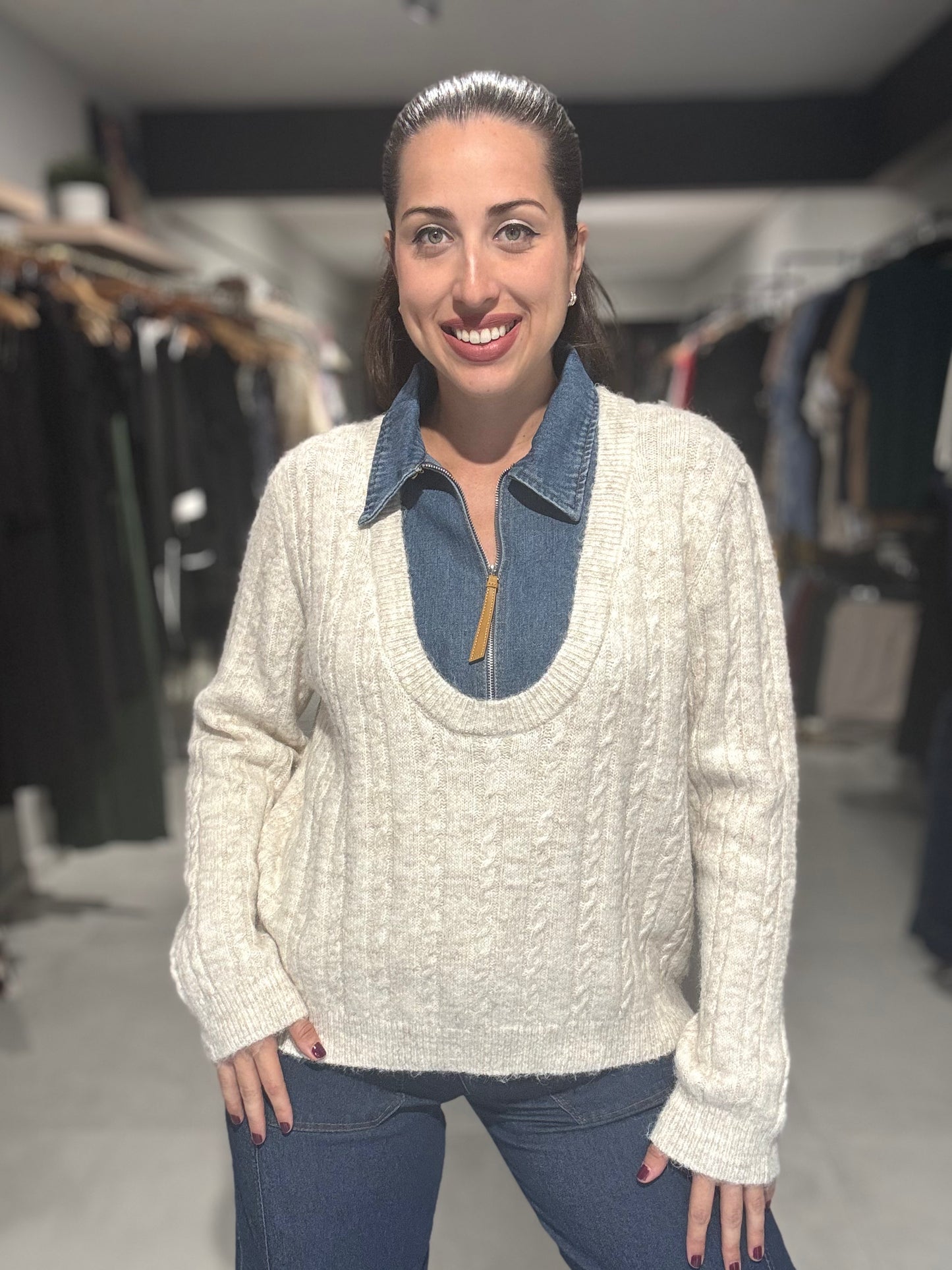 Denim Accent Knit Sweater | IVORY
