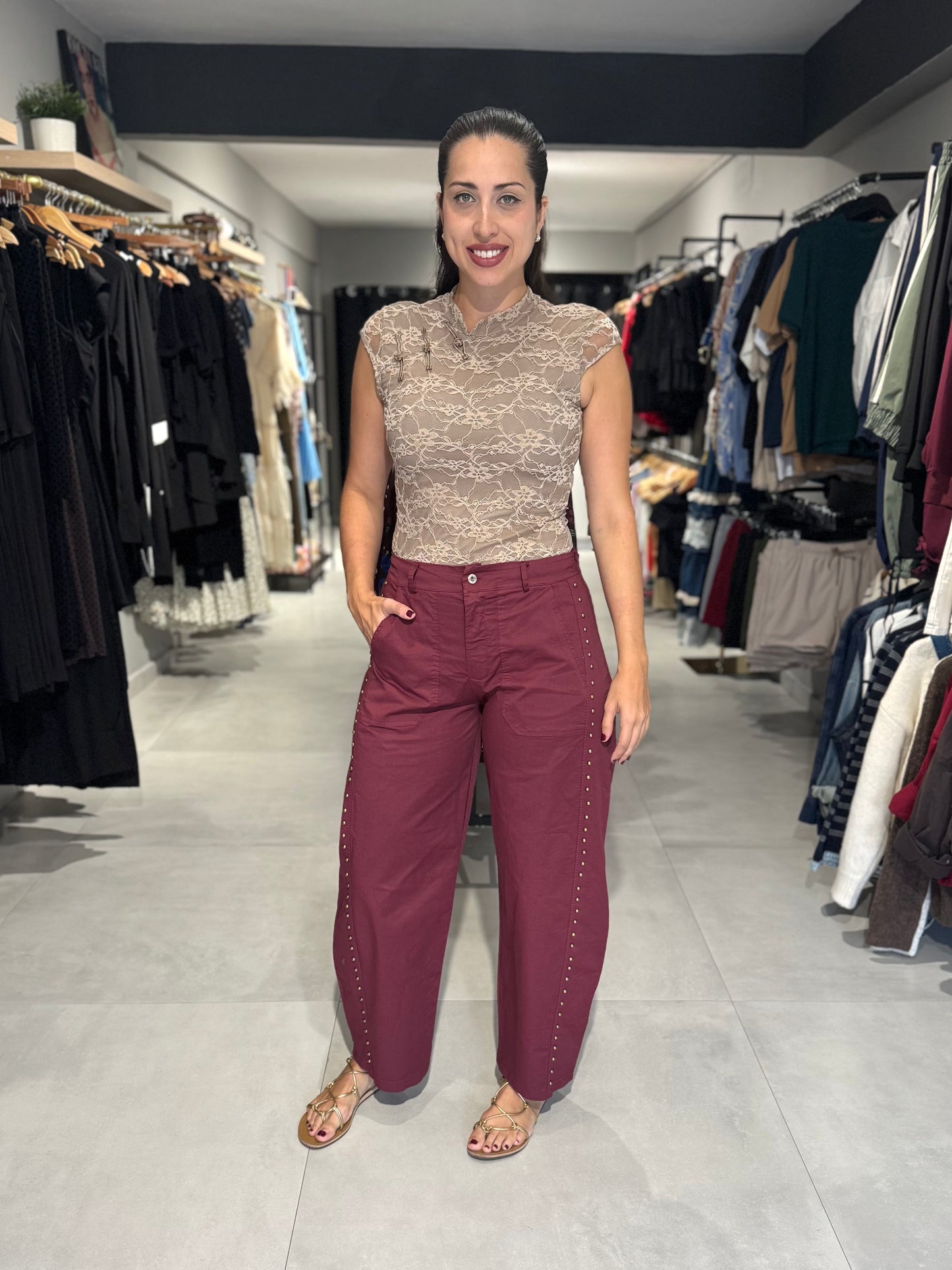 Studded Fall Barrel Pant | BURGUNDY