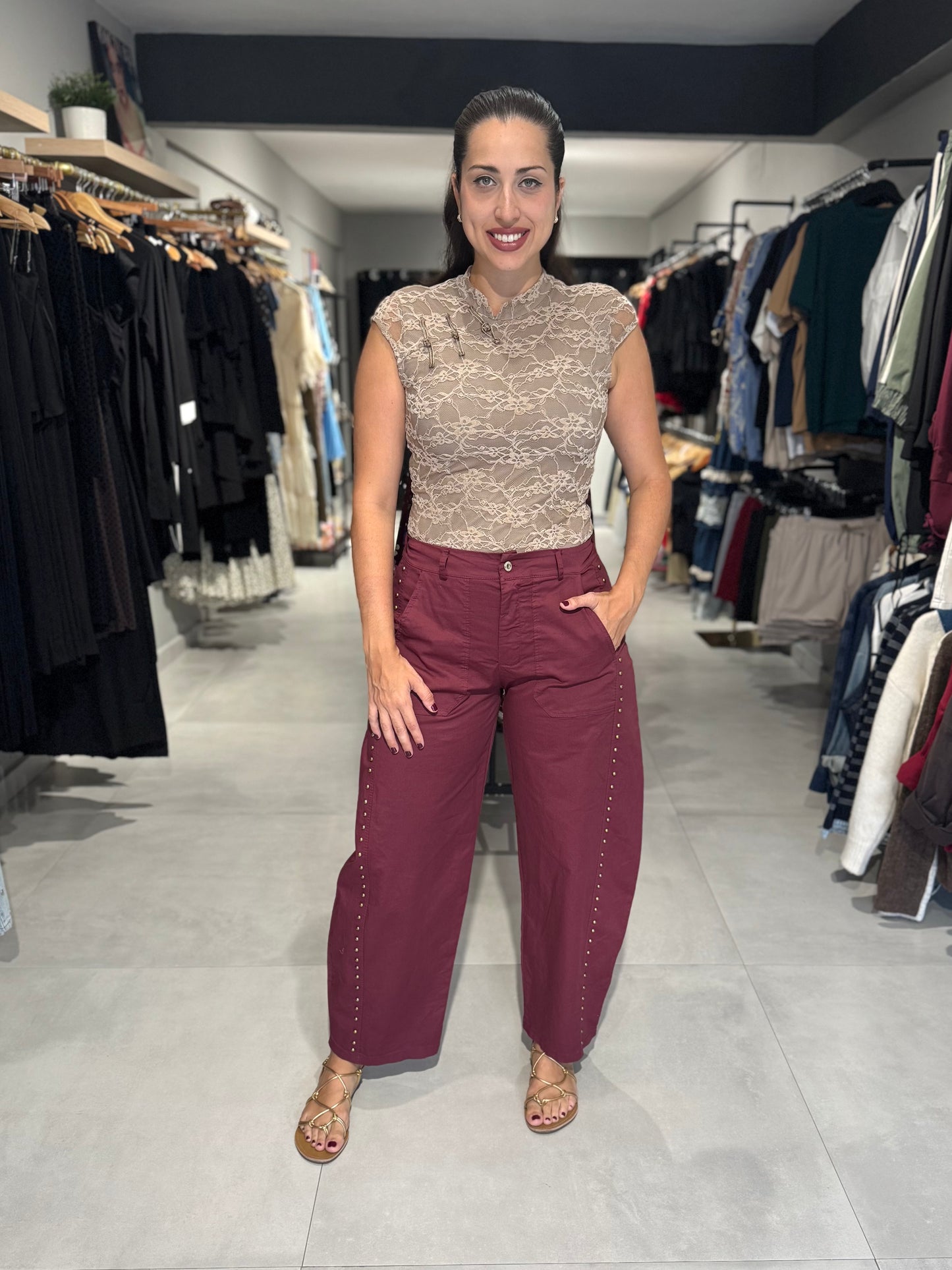 Studded Fall Barrel Pant | BURGUNDY