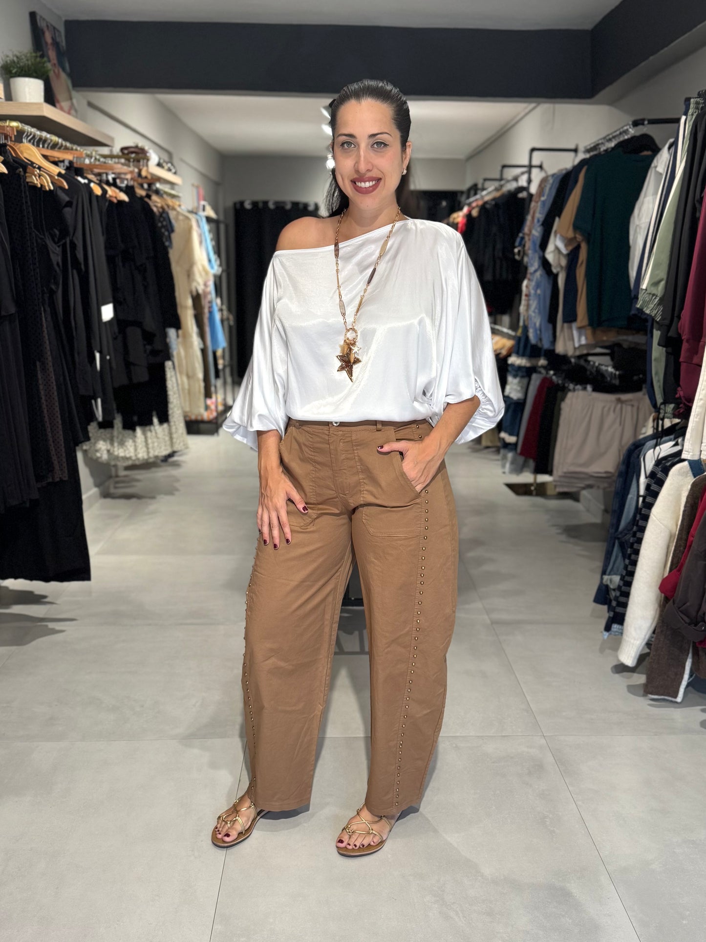 Studded Fall Barrel Pant | COGNAC