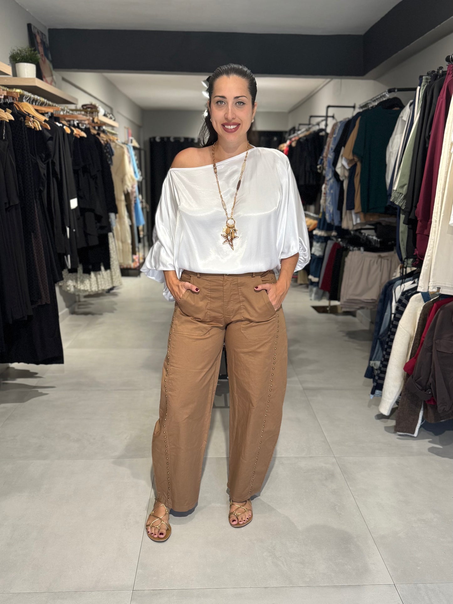 Studded Fall Barrel Pant | COGNAC