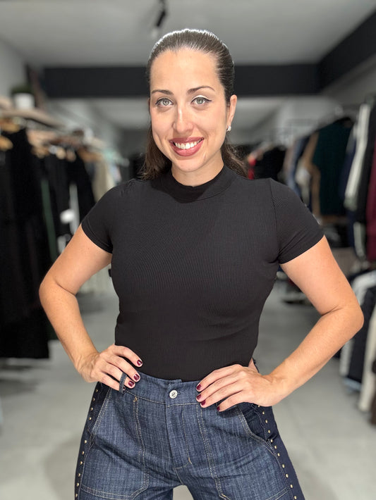 Ribbed Mock Neck Short Sleeve Top | BLACK