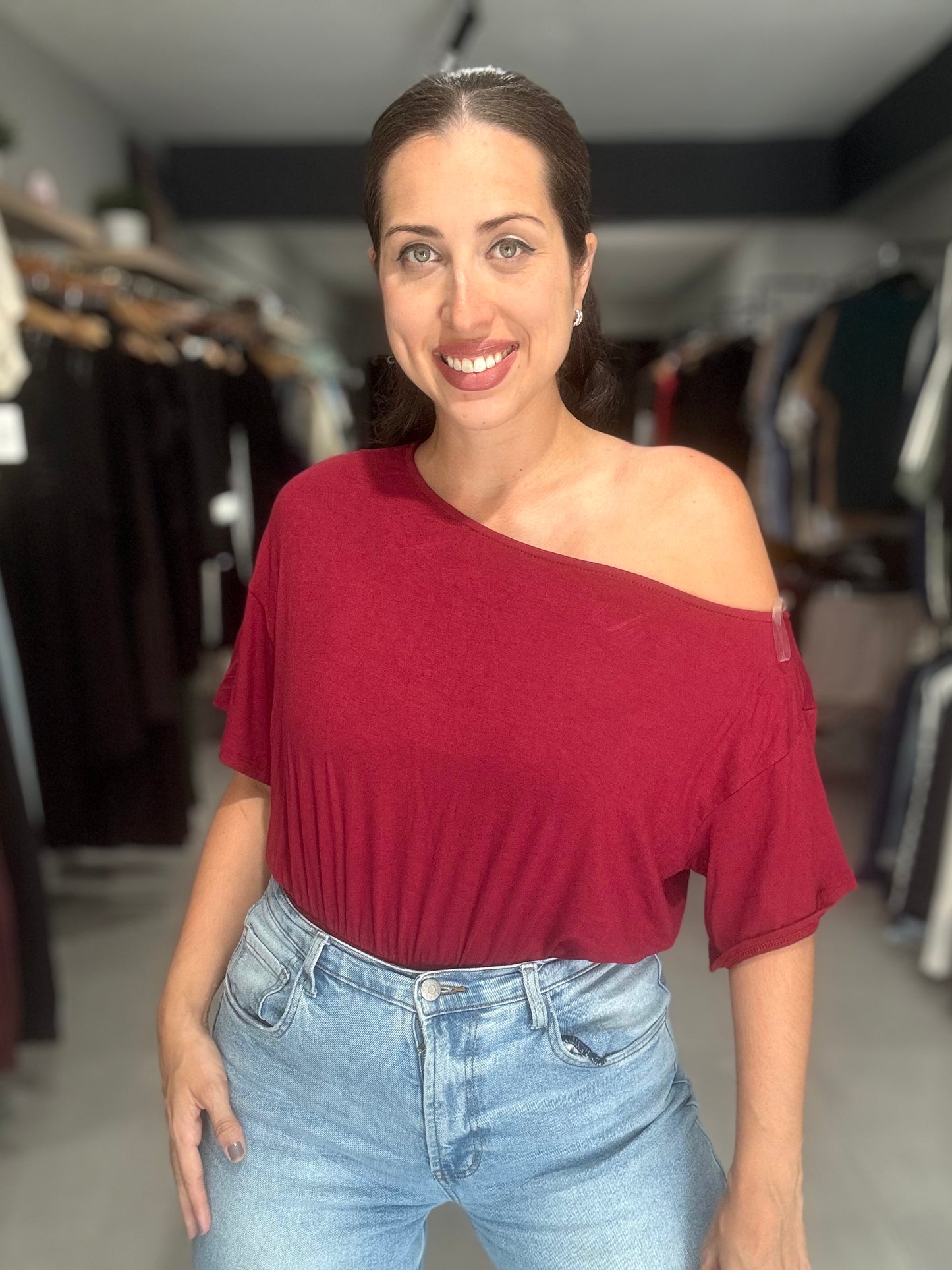 One-shoulder Ruched Waist Knit Top | BURGUNDY