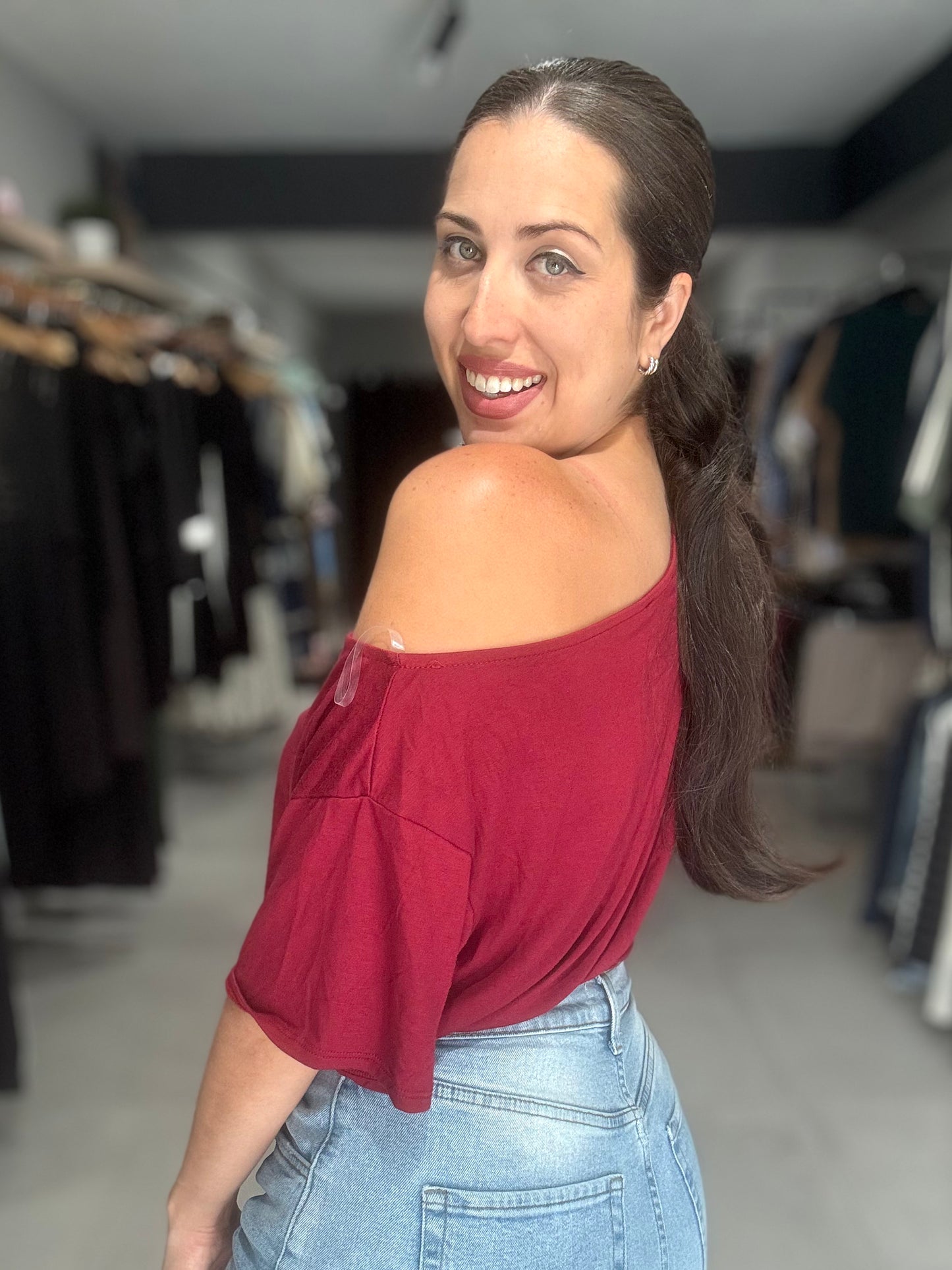 One-shoulder Ruched Waist Knit Top | BURGUNDY