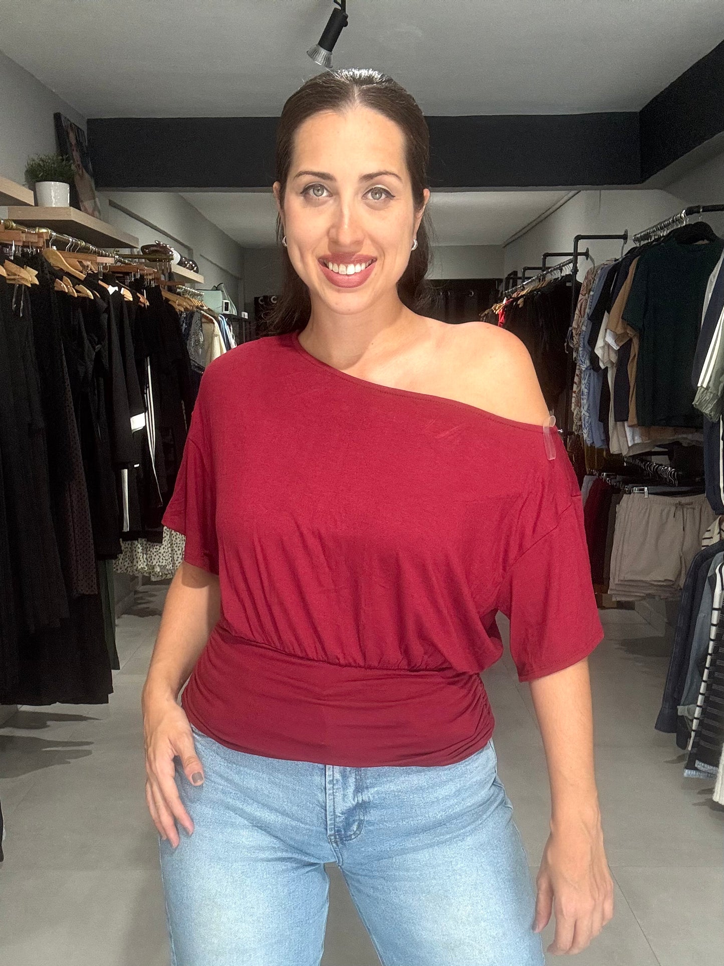 One-shoulder Ruched Waist Knit Top | BURGUNDY