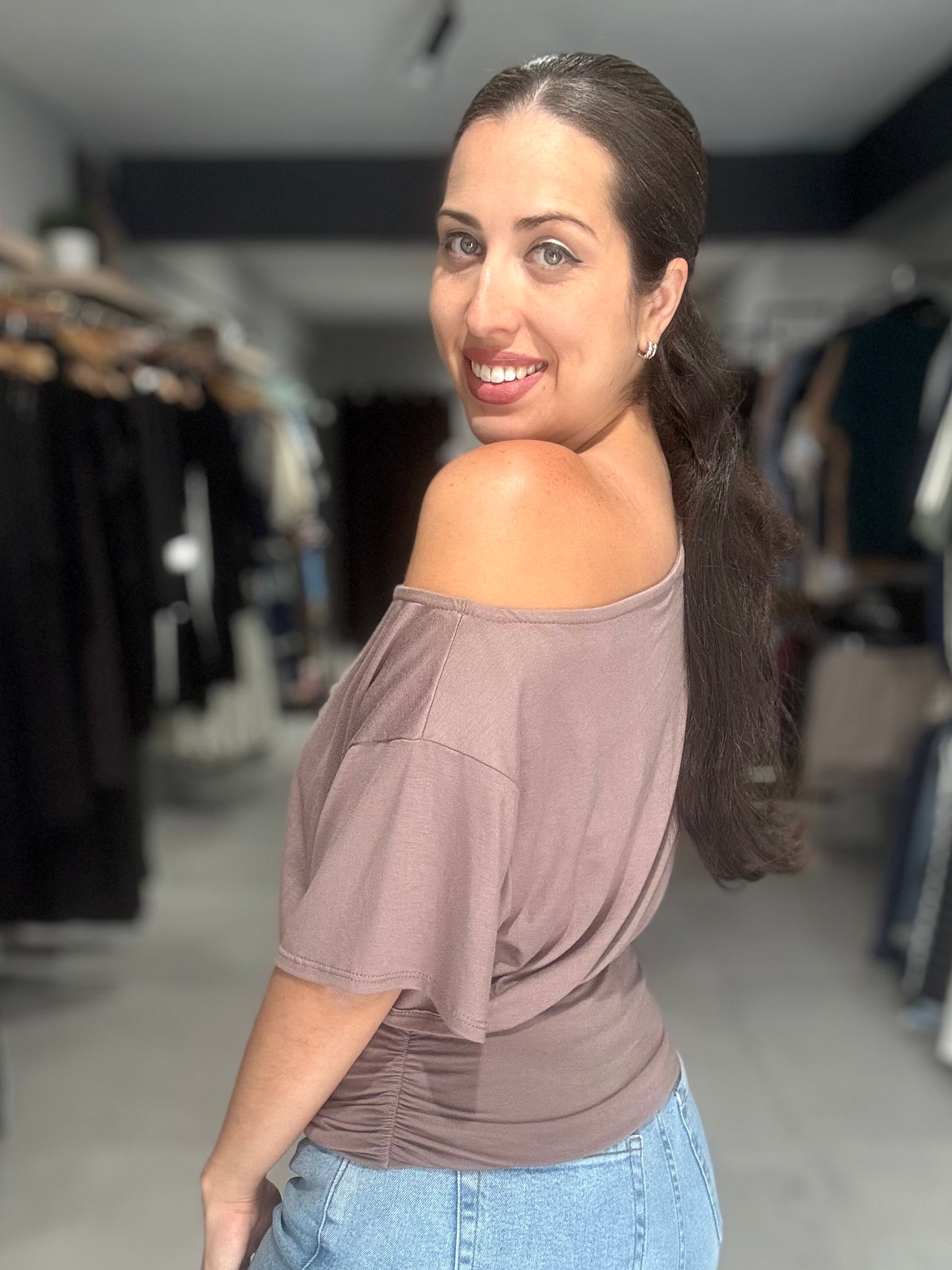 One-shoulder Ruched Waist Knit Top | DARK MOCHA