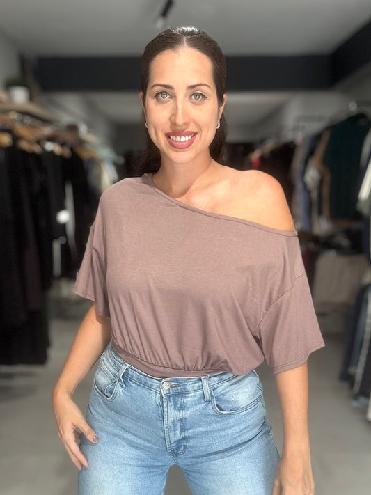 One-shoulder Ruched Waist Knit Top | DARK MOCHA