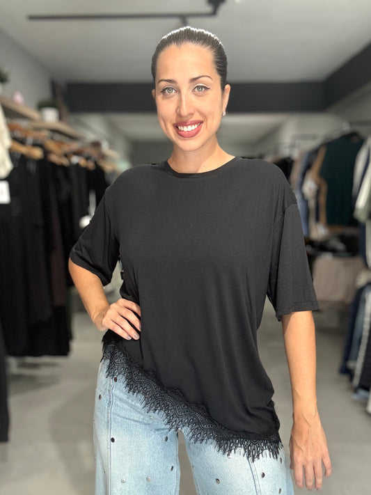 Lace Trim Tee Blouse | BLACK