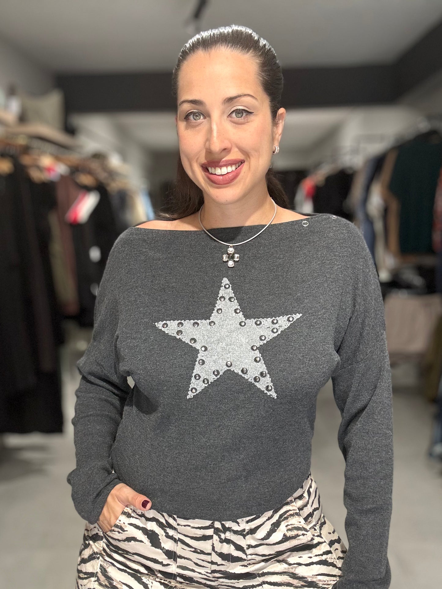 Studded Star Sweater Top | CHARCOAL