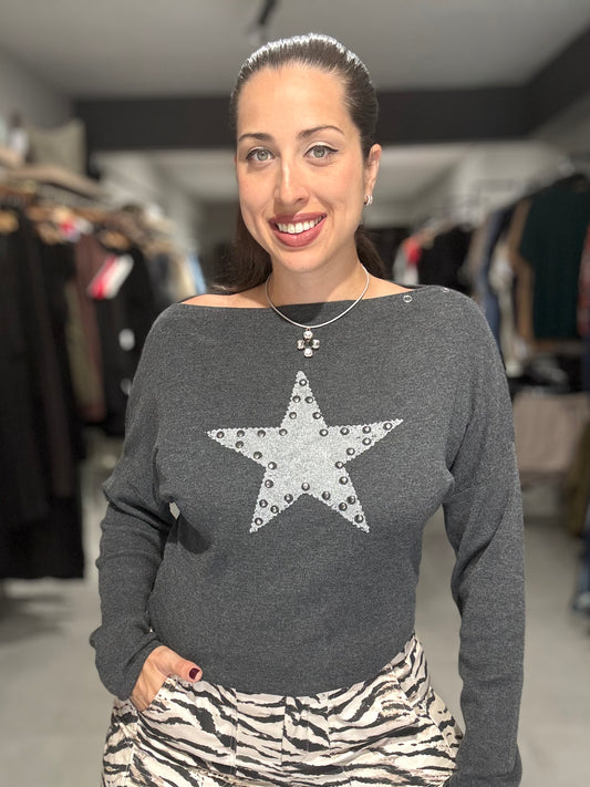 Studded Star Sweater Top | CHARCOAL