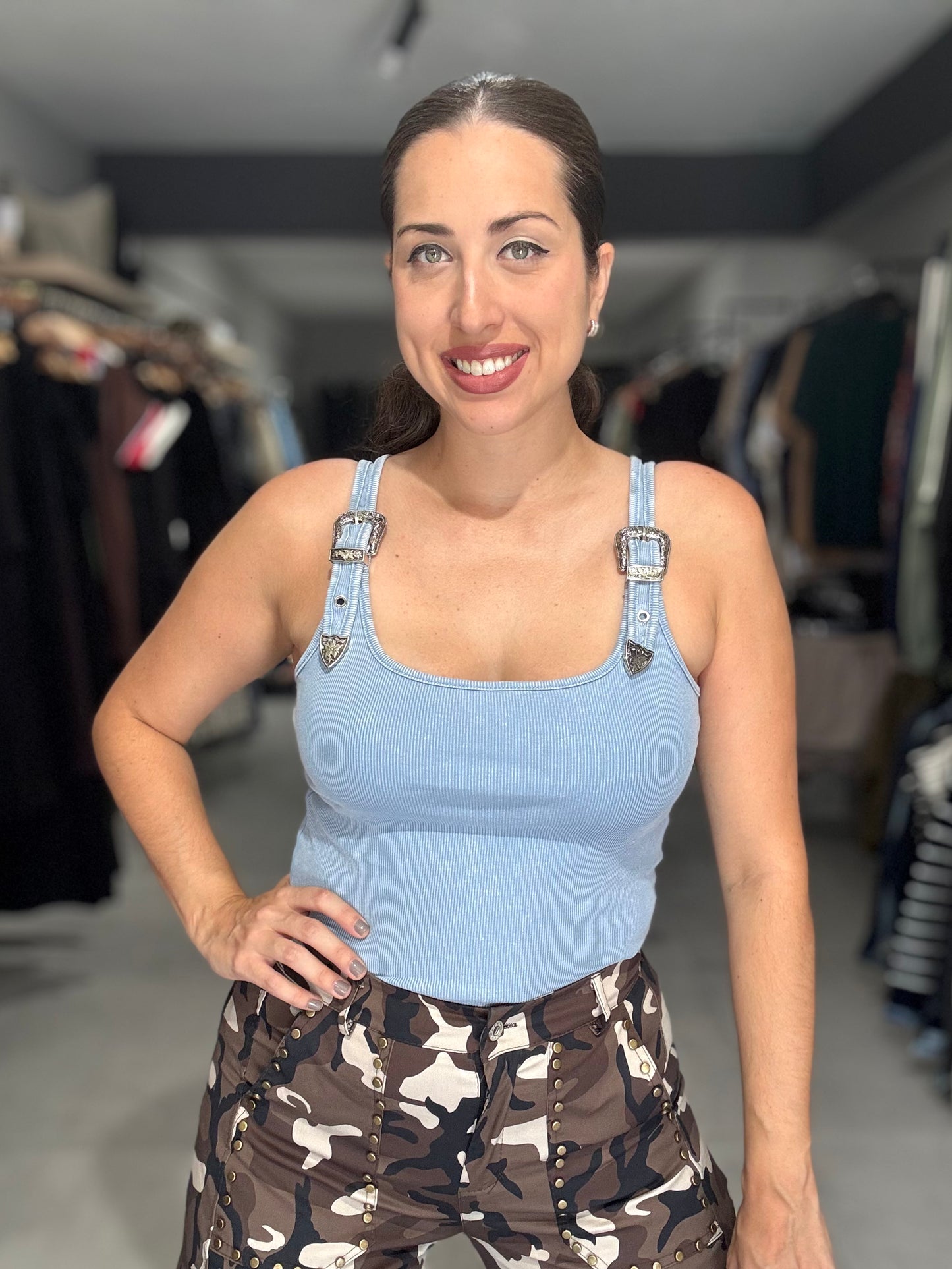 Buckle Straps Top | SKY BLUE