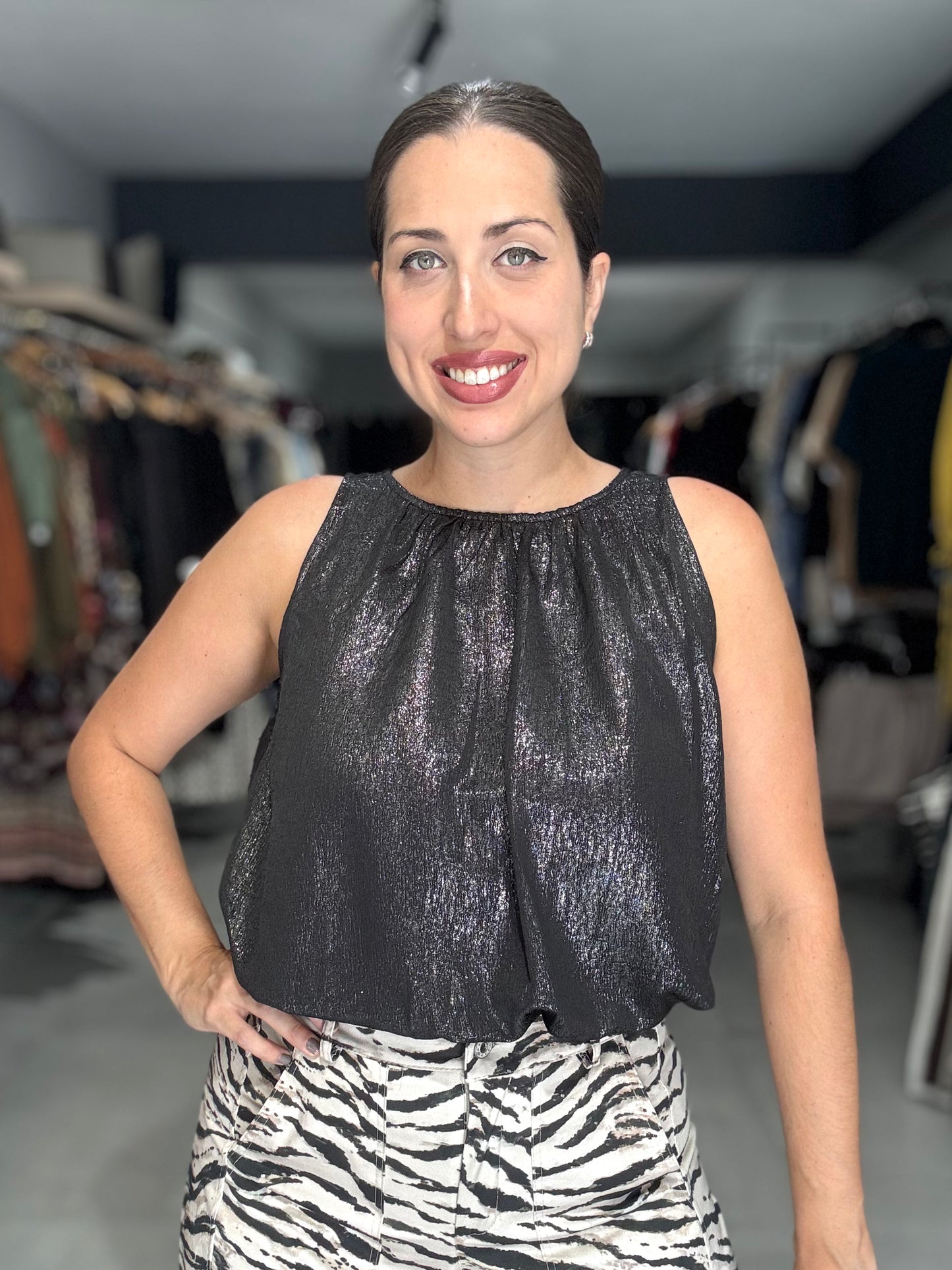 Metallic Bubble Trim Blouse | GRAPHITE