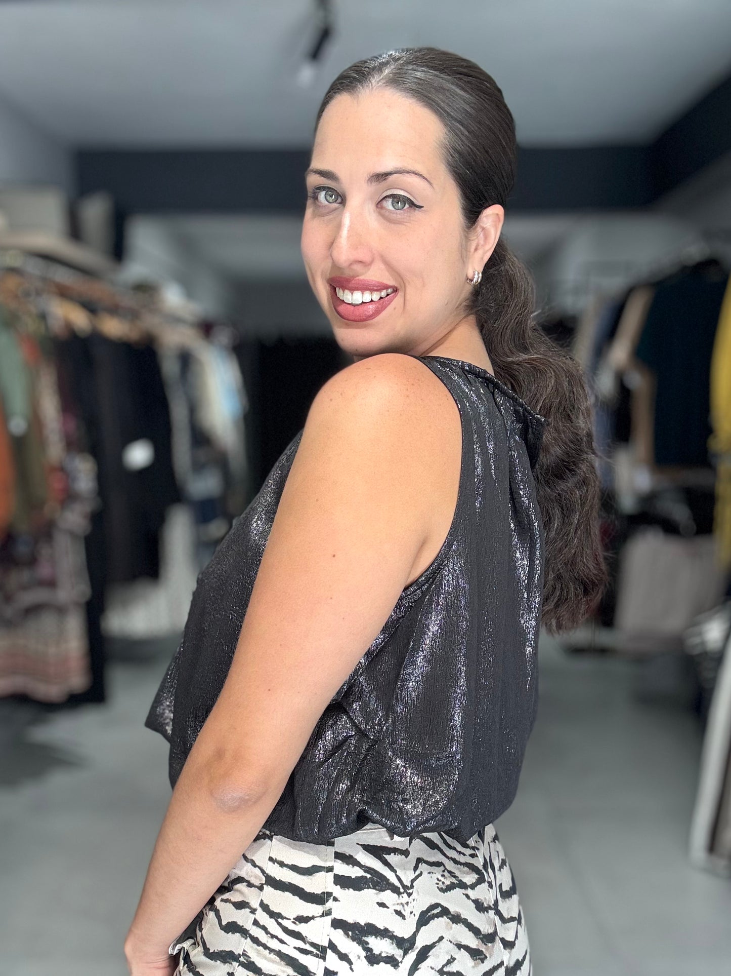 Metallic Bubble Trim Blouse | GRAPHITE