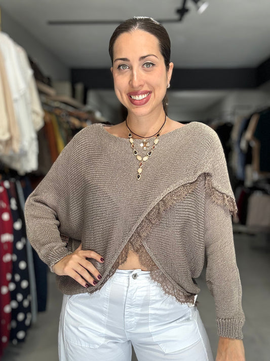 Lace Trim Knit Sweater | TAUPE