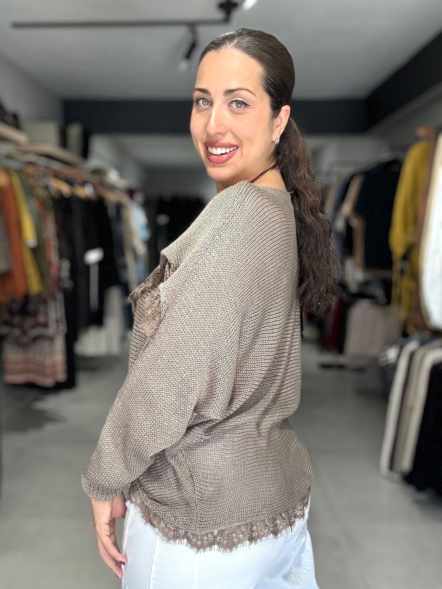 Lace Trim Knit Sweater | TAUPE