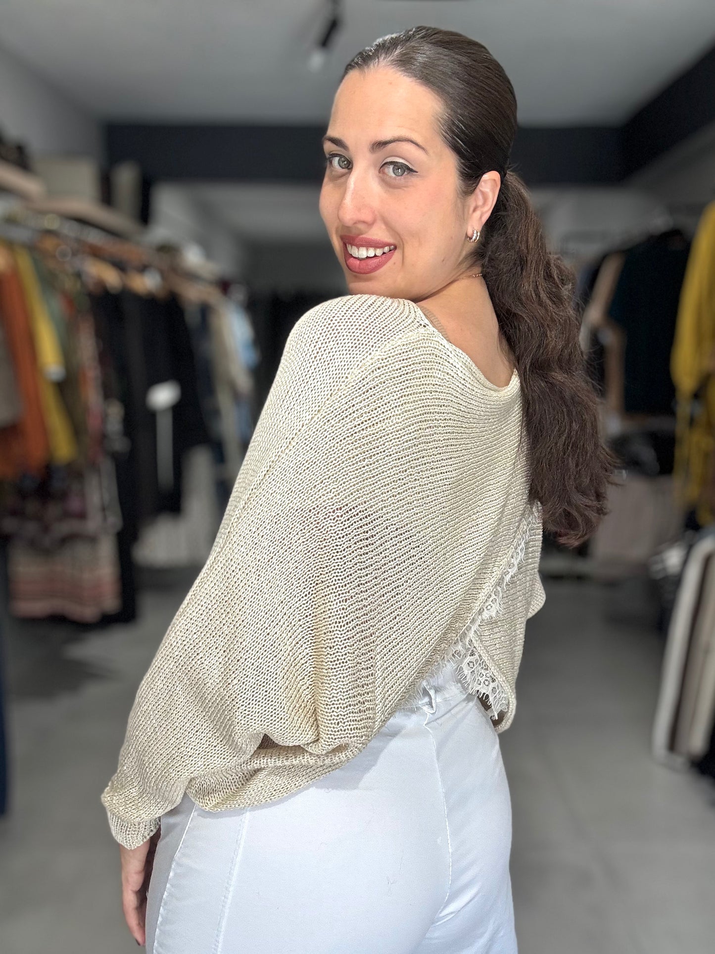 Lace Trim Knit Sweater | IVORY