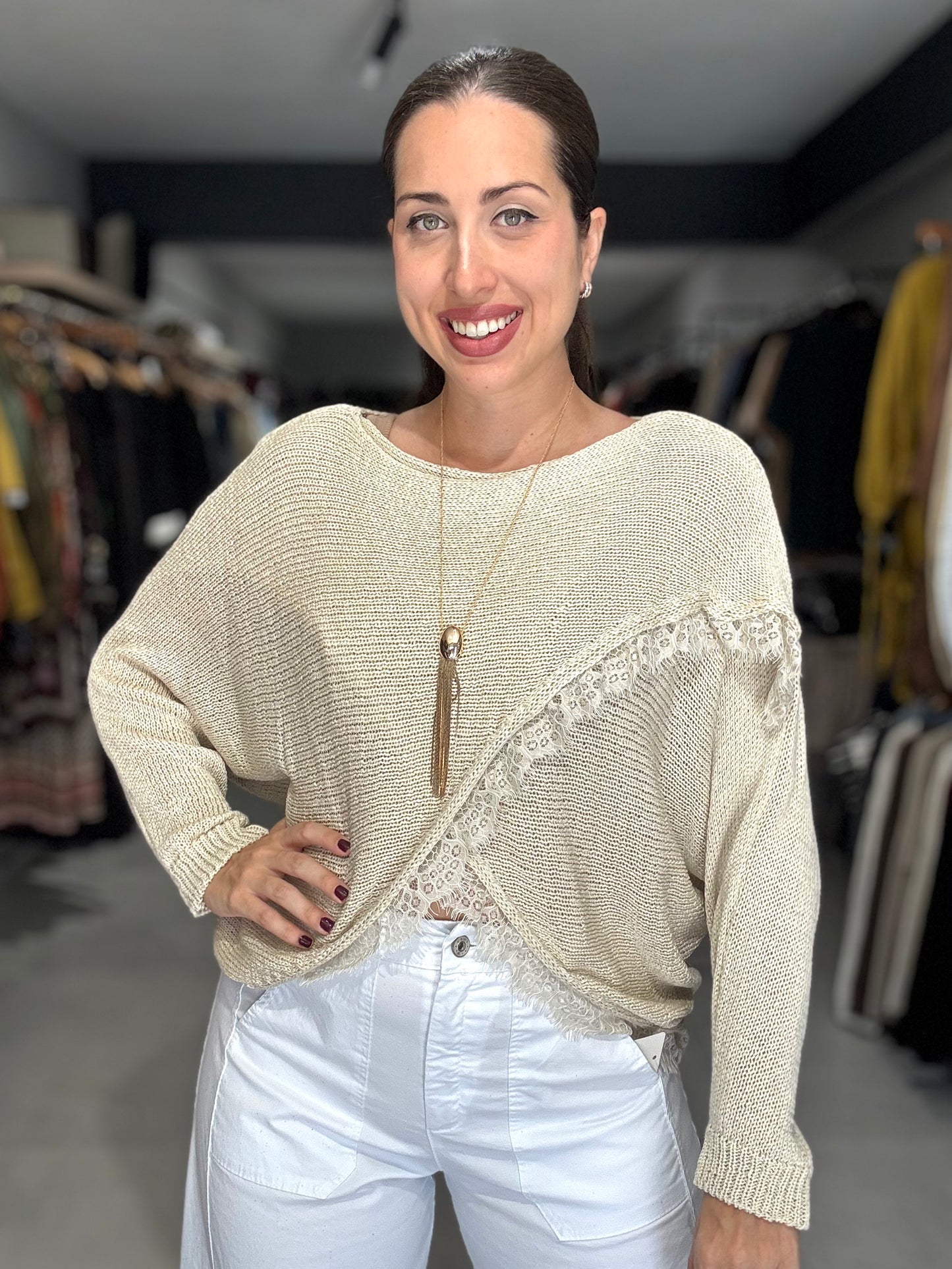 Lace Trim Knit Sweater | IVORY