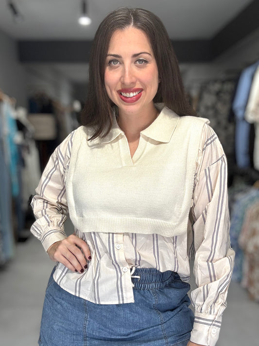 Stripes Knitted Vest Blouse | IVORY
