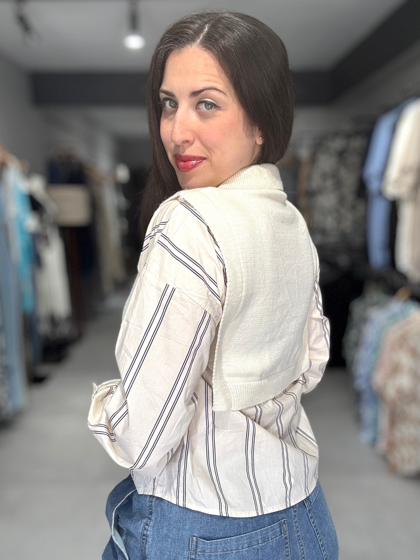 Stripes Knitted Vest Blouse | IVORY