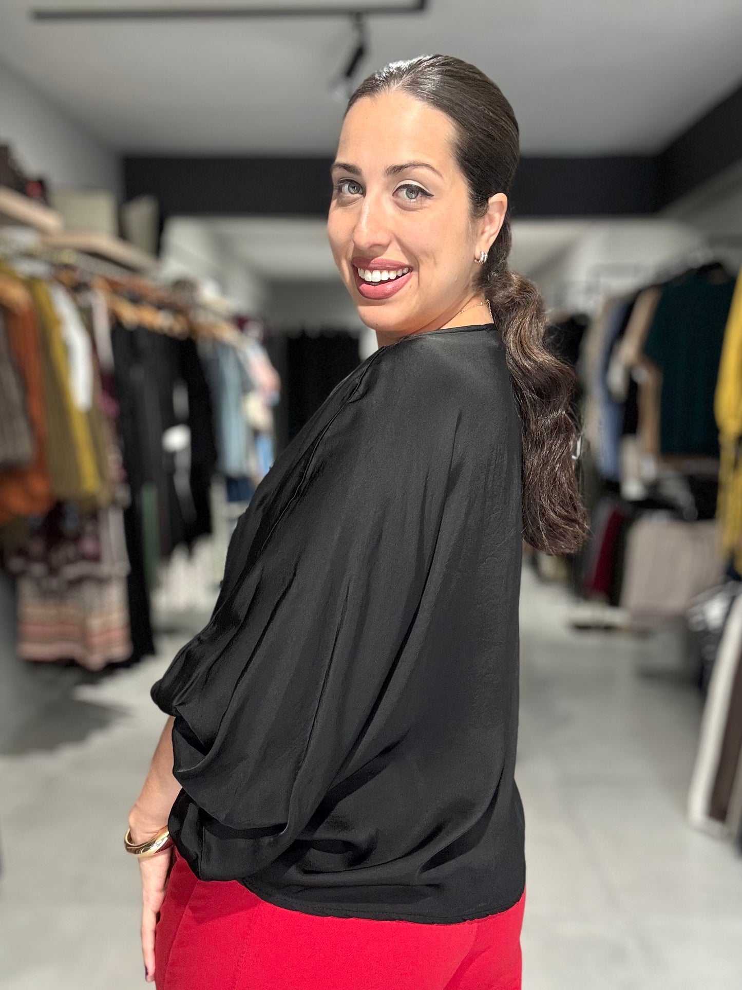 Satin Tunic Blouse | BLACK