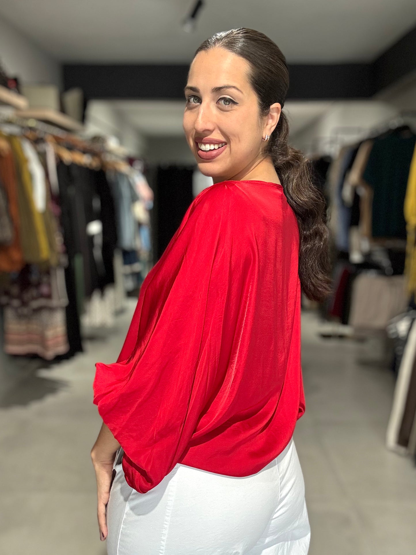 Satin Tunic Blouse | RED