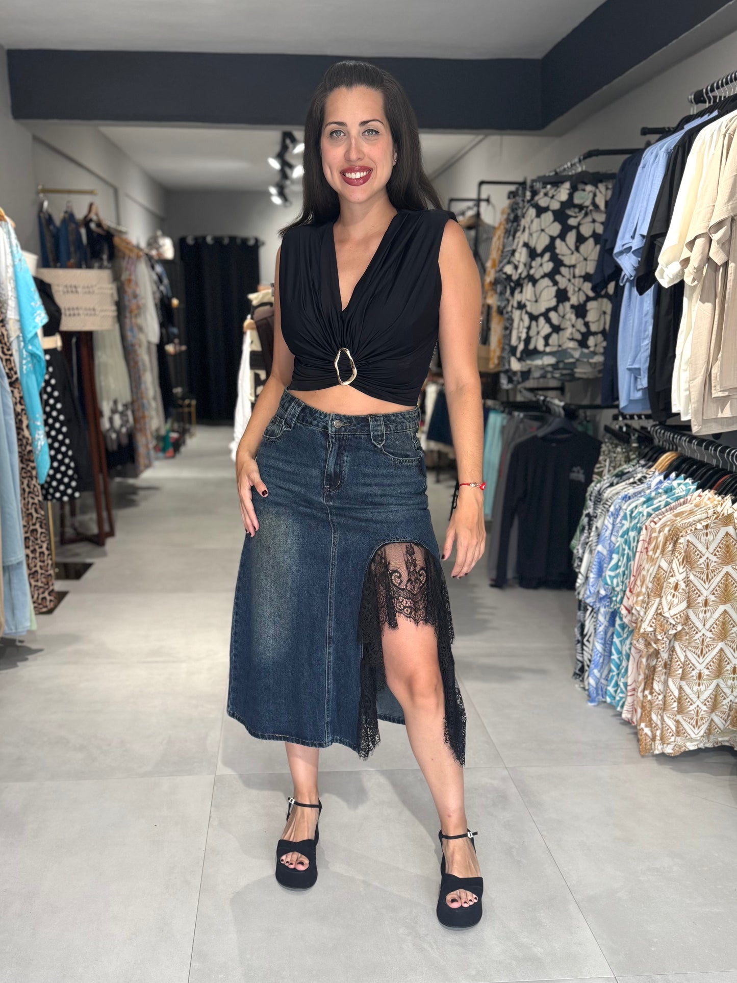 Lace Trim Denim Skirt