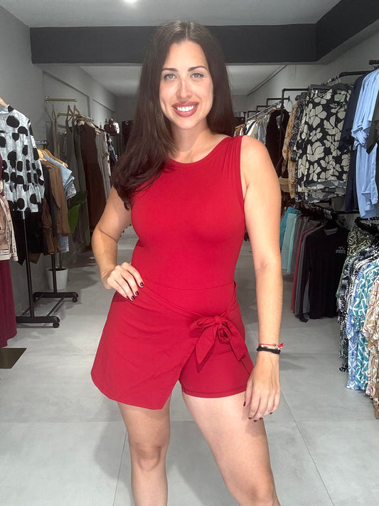 Premium Wrap Tie Romper | CHERRY RED