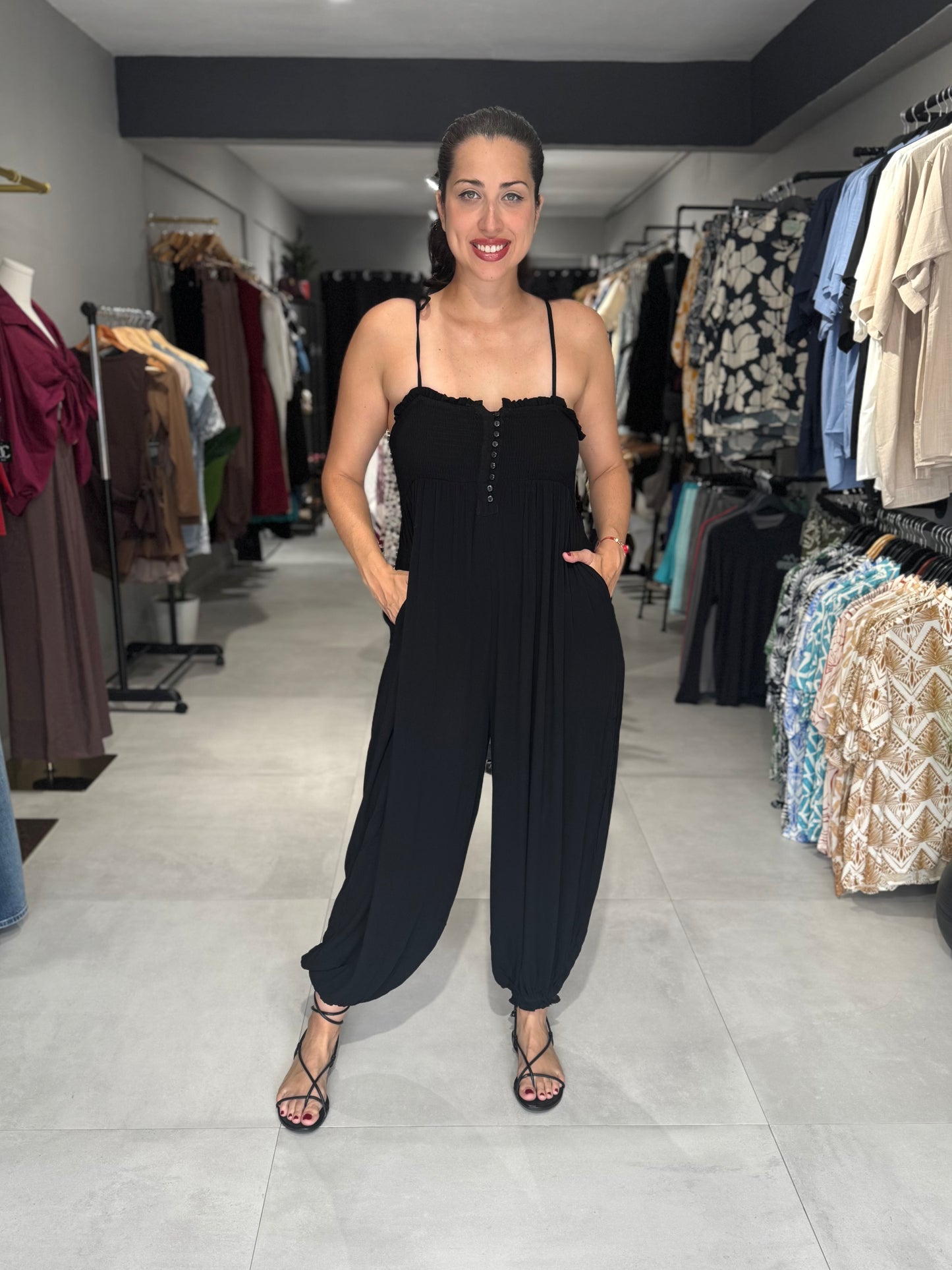 Gauze Smocked Jumpsuit | BLACK