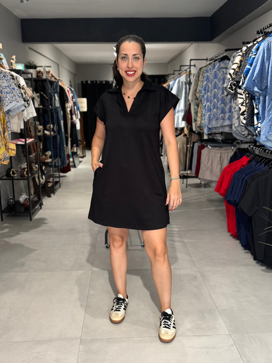 Solid Collared Pockets Dress | BLACK