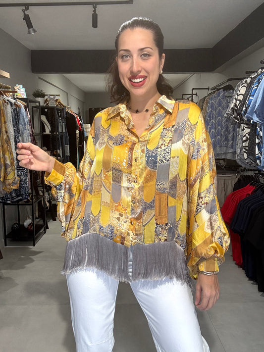 Fringe Trim Satin Tunic Blouse