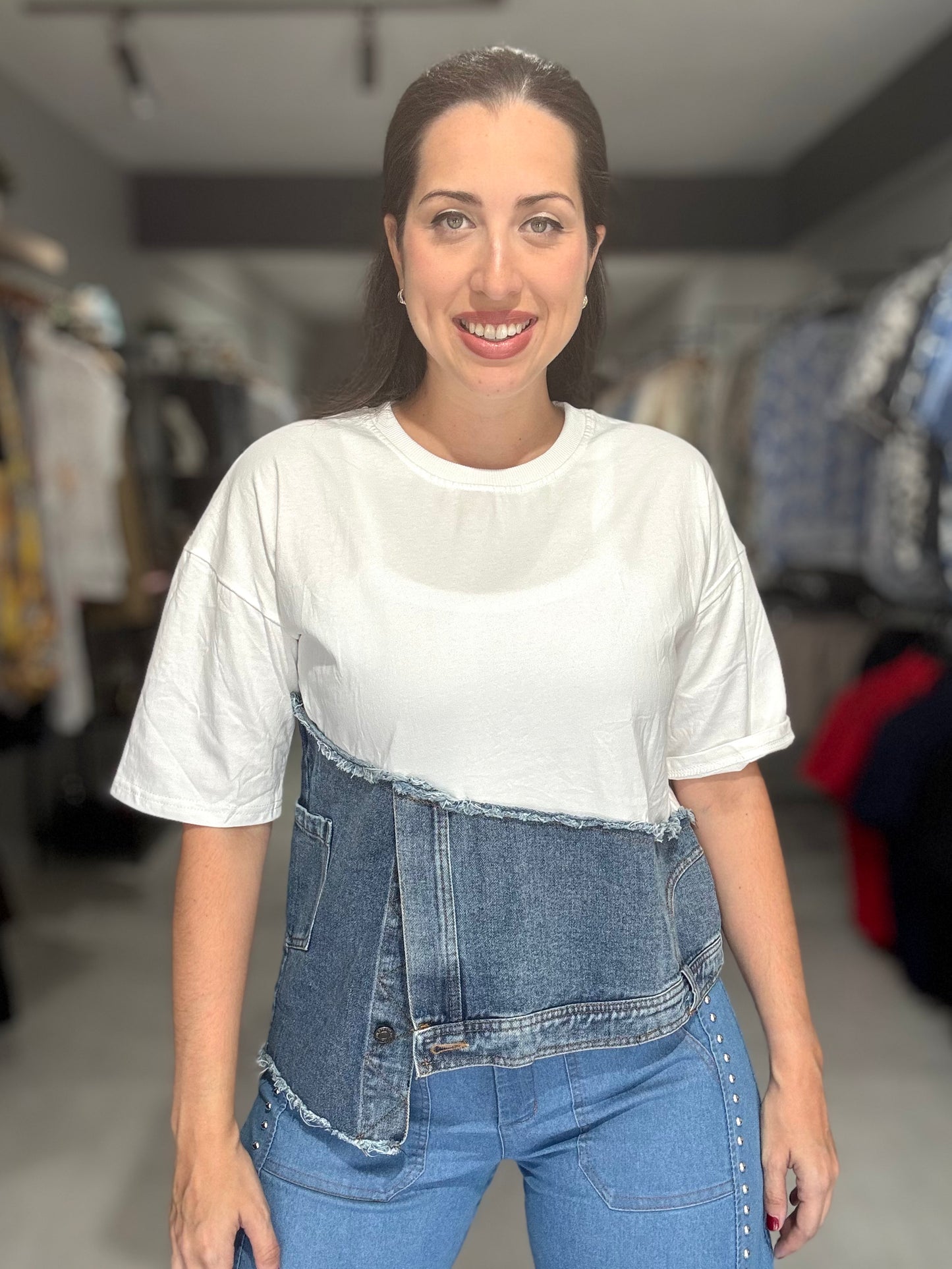 Denim Accent Tee Blouse | WHITE