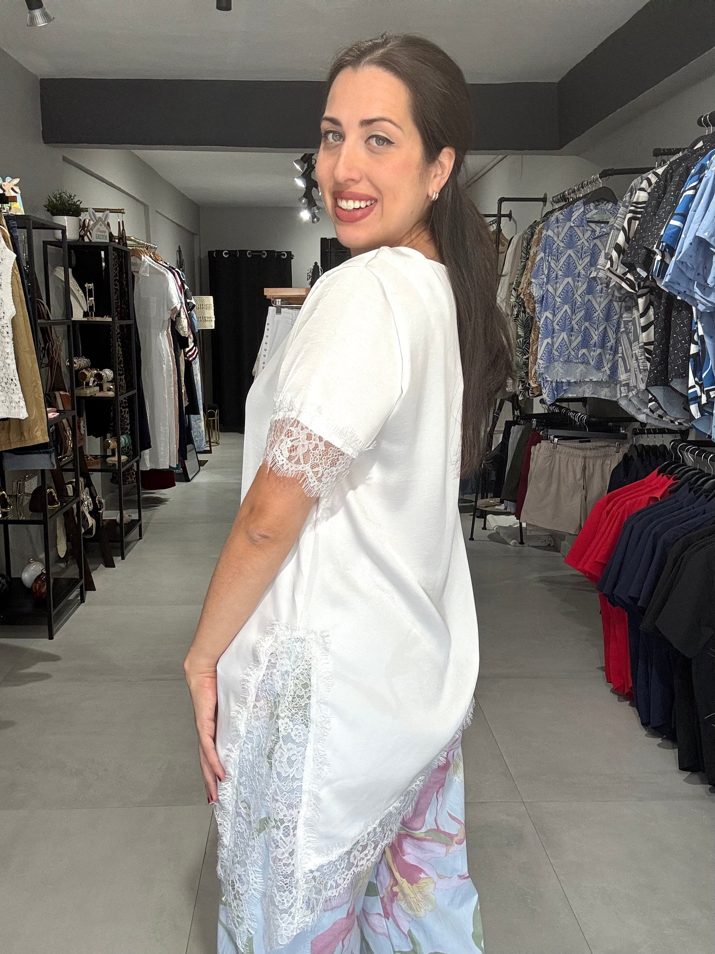 Satin Lace Trim Blouse | WHITE