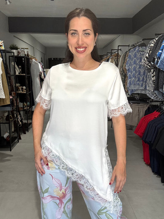 Satin Lace Trim Blouse | WHITE