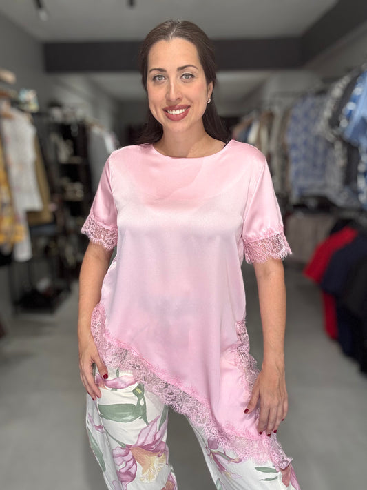 Satin Lace Trim Blouse | PINK
