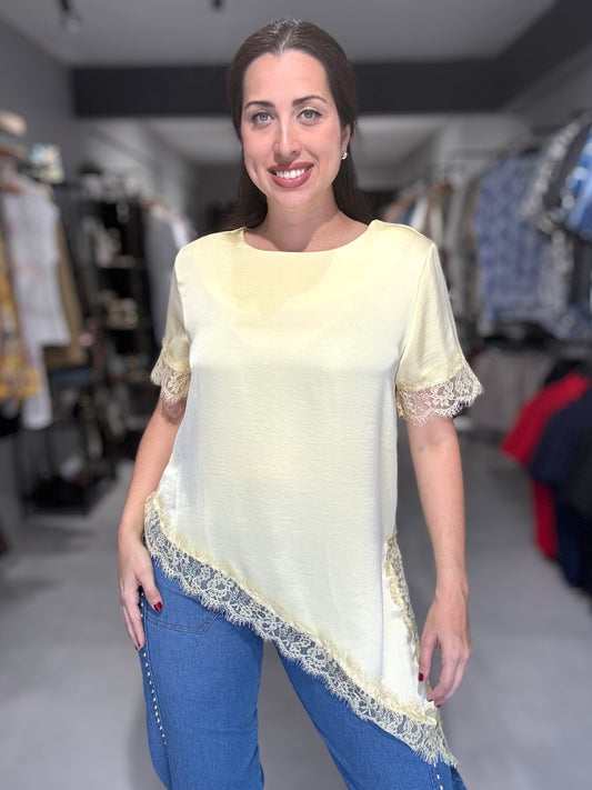 Satin Lace Trim Blouse | YELLOW