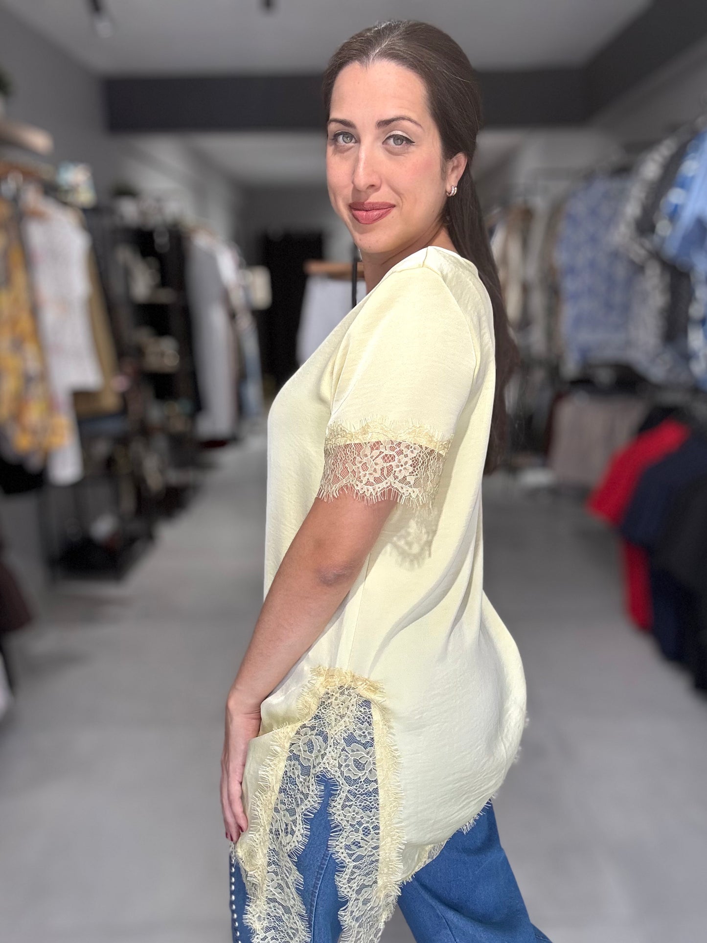 Satin Lace Trim Blouse | YELLOW