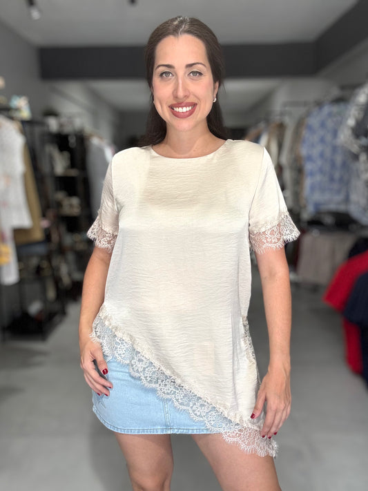 Satin Lace Trim Blouse | BEIGE