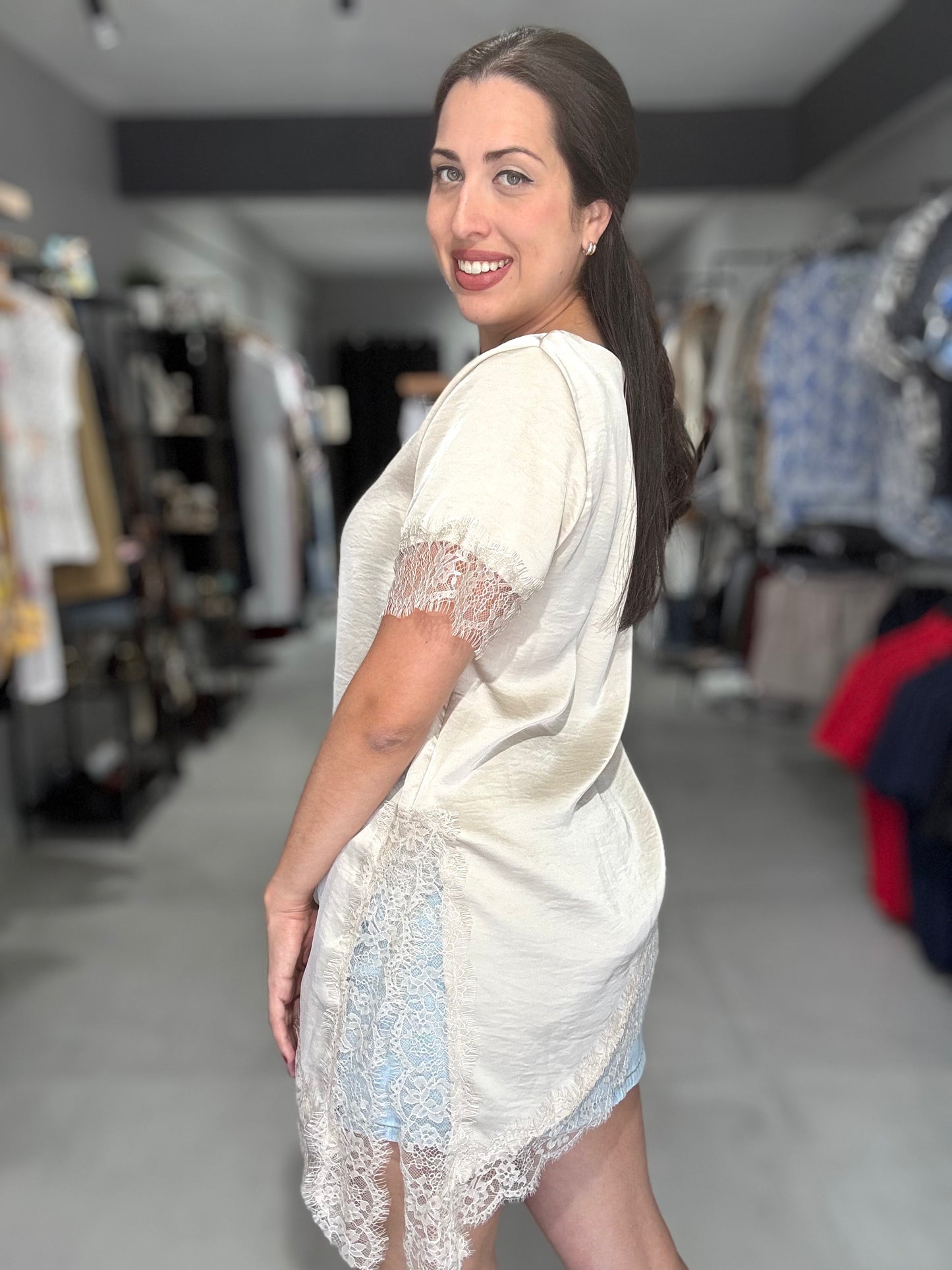 Satin Lace Trim Blouse | BEIGE