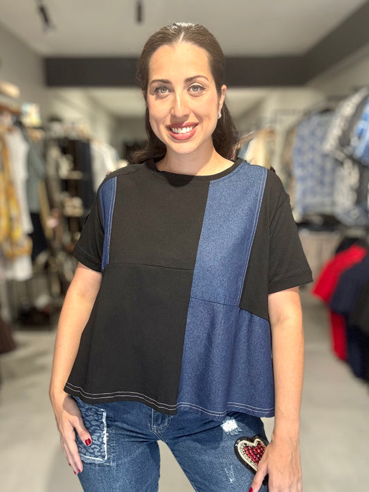 Denim Accent Tee Blouse | BLACK