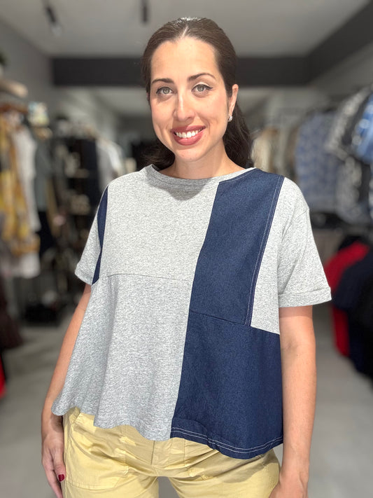 Denim Accent Tee Blouse | GRAY