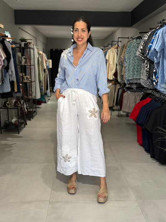 Linen Sequin Flower Pant | WHITE