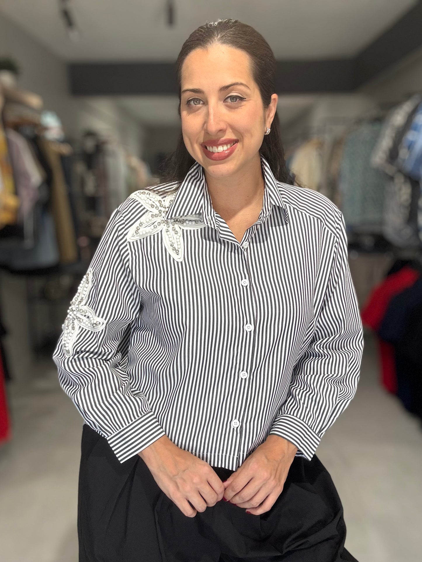 Floral Accent Stripes Blouse | BLACK
