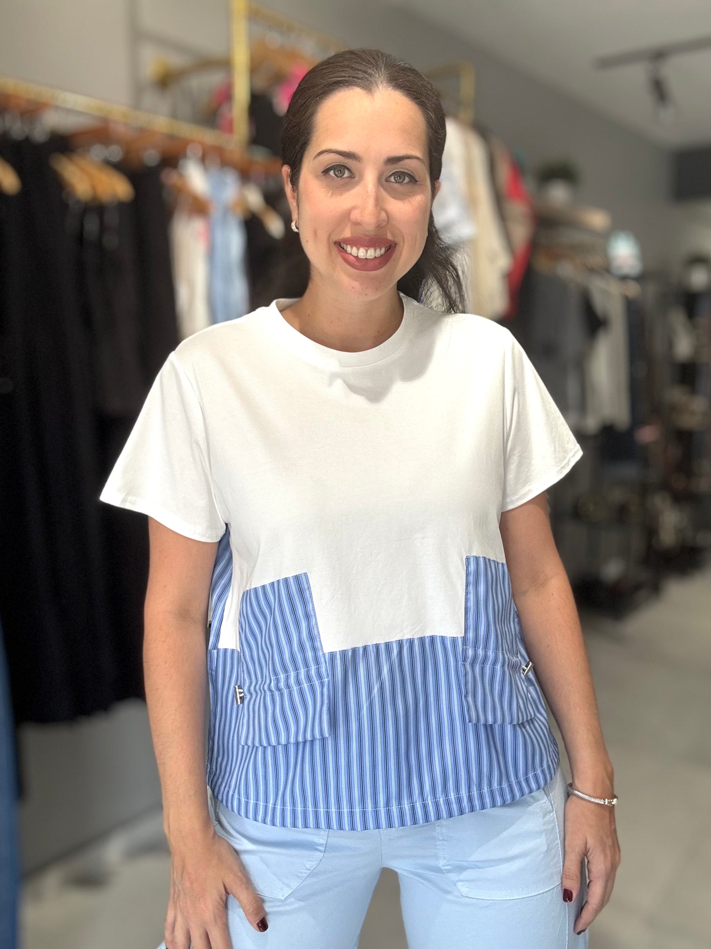Blue Stripes Tee Blouse | WHITE
