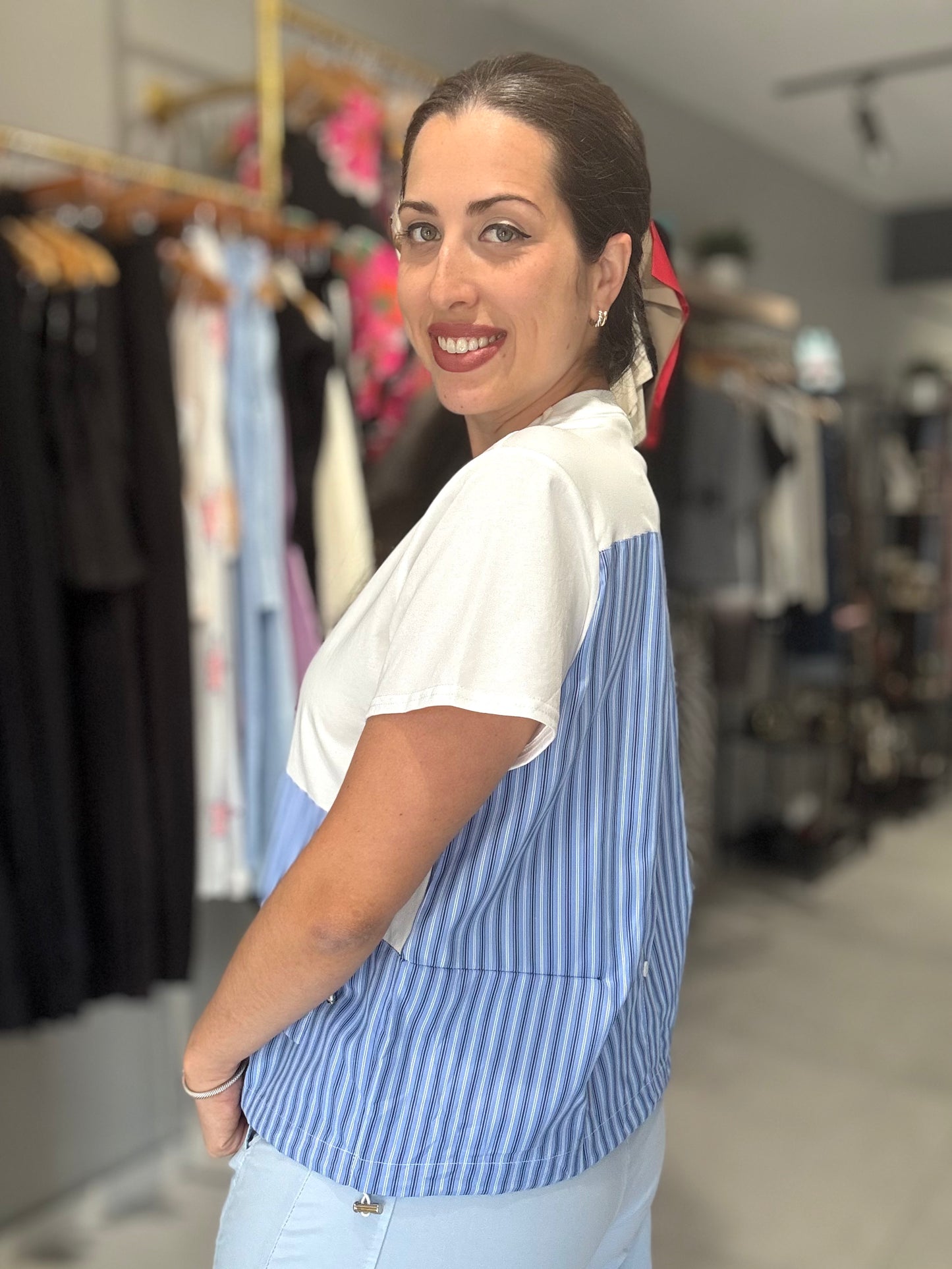 Blue Stripes Tee Blouse | WHITE